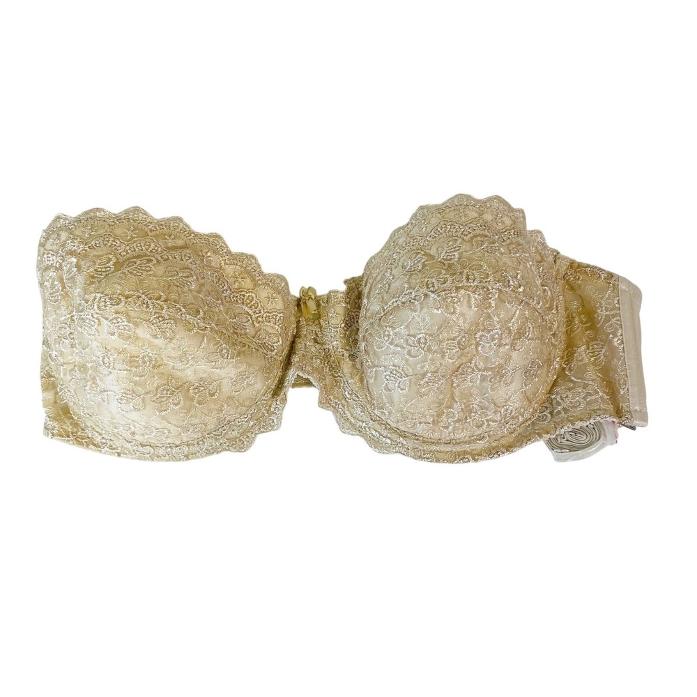 Rene‎ Rolfe Strapless Bra 44D Balconette Floral Lace Gold Detachable Straps